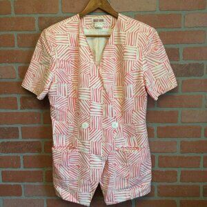 Vintage Maggy London Women's 2 pc. Top Skirt Set Pink Size 14 Linen Short Sleeve